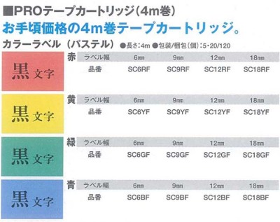 テプラPROテープ　カートリッジ　4m巻　カラーラベル（パステル）